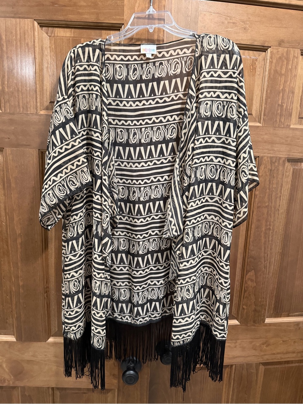 LuLaRoe Monroe Black & Ivory Tribal Fringe Boho Open Front Kimono, Size Large